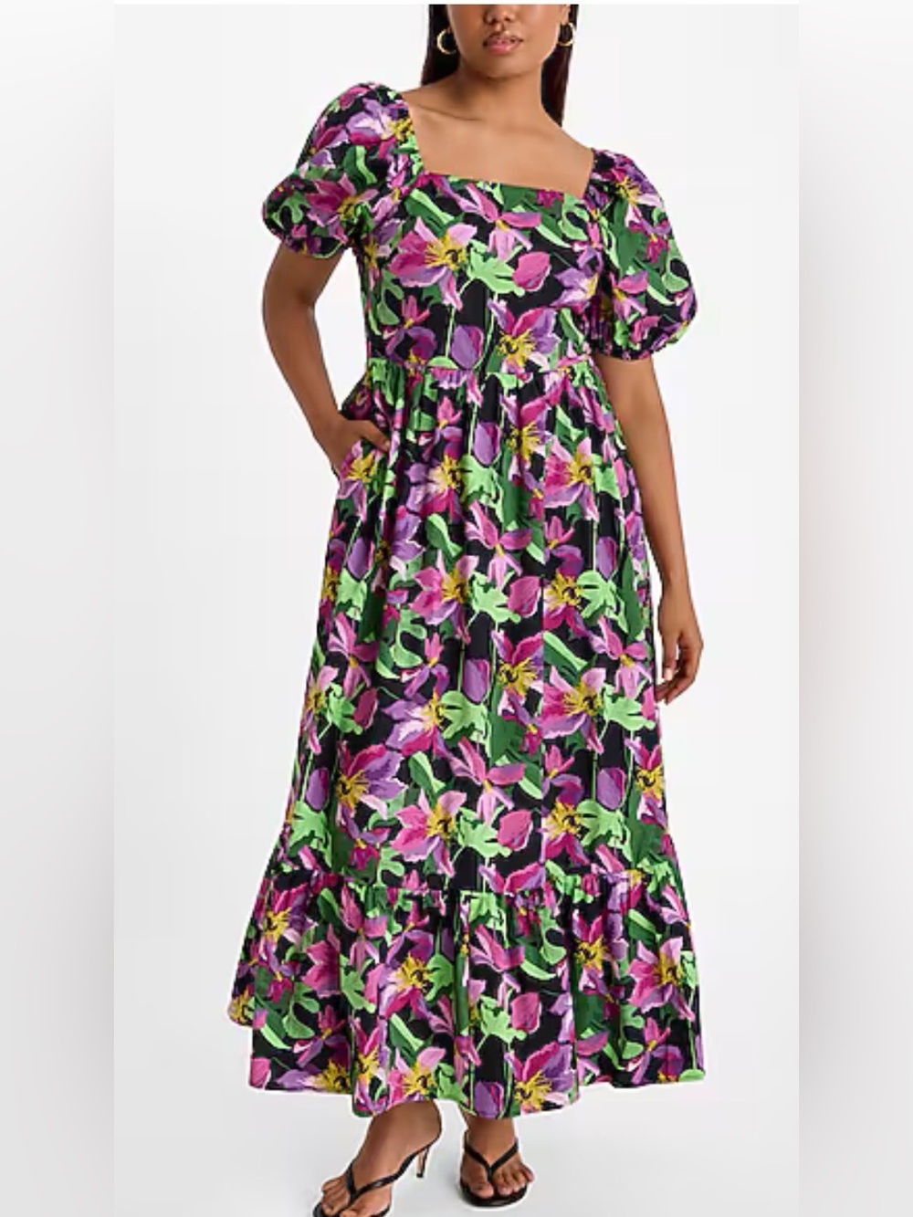 Express Floral Square Neck Puff Sleeve Tiered Poplin Maxi Dress